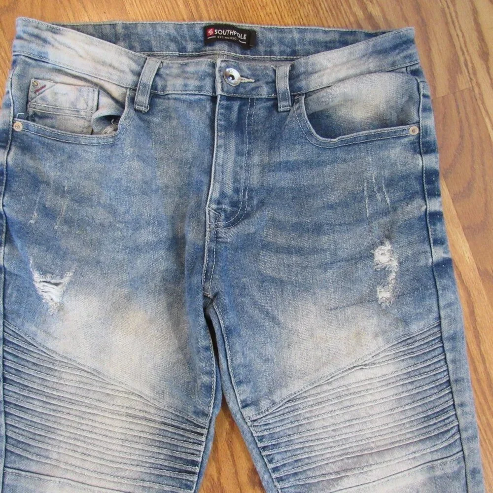 Southpolo Skinny Distressed Moto Biker Acid Wash Denim Jeans 32x32‎